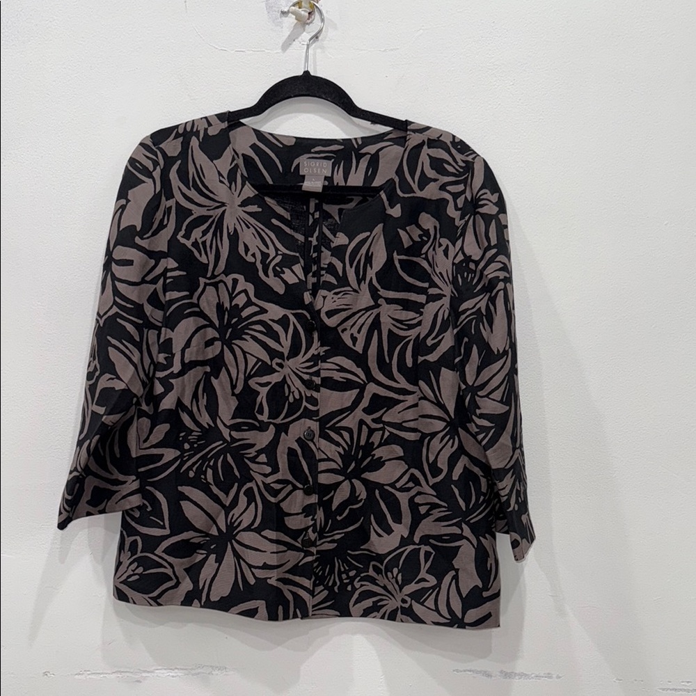 Sigrid Olsen Black and Cream Boxy Blouse with Mandarin Collar size Large